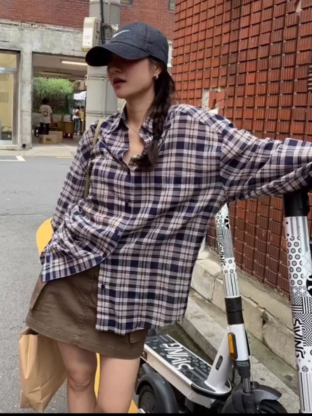 Korean Women Blue Navy and White Plaid Button-Up Shirt